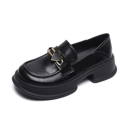 Platform Heart Accent Faux Leather Loafers - Black / 34