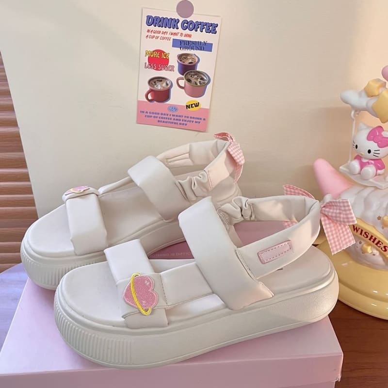 Platform Heart Applique Bow Sandals