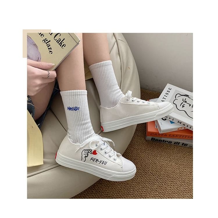 Platform Heart Embroidered Frayed Canvas Lace-Up Sneakers