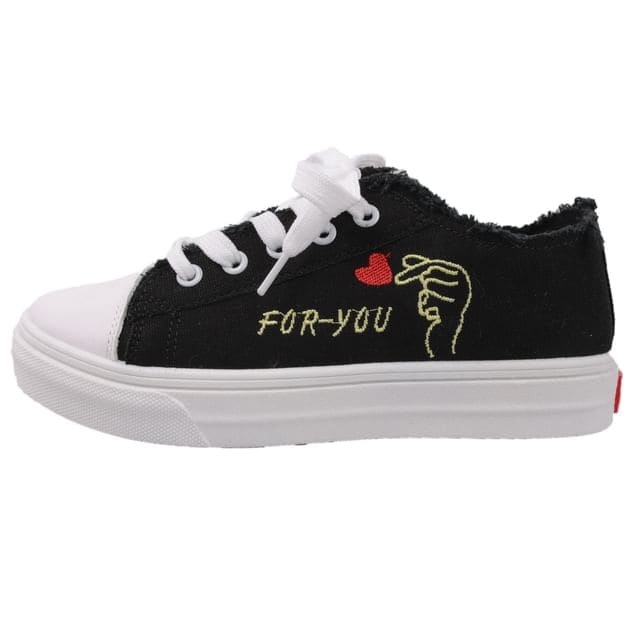 Platform Heart Embroidered Frayed Canvas Lace-Up Sneakers