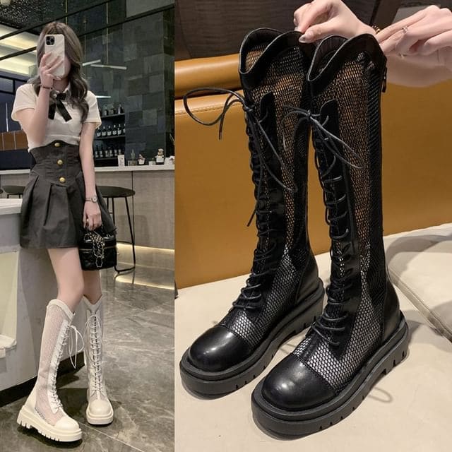 Platform Lace Up Panel Mesh Knee High Boots