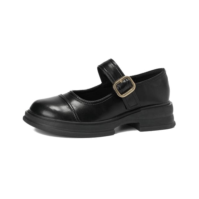 Platform Plain Buckled Faux Leather Mary Jane Shoes - Black