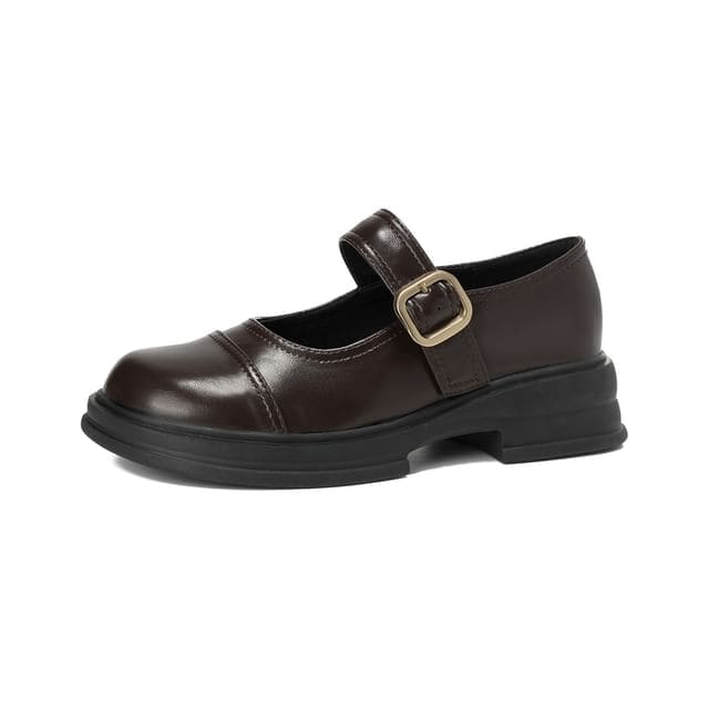 Platform Plain Buckled Faux Leather Mary Jane Shoes - Brown