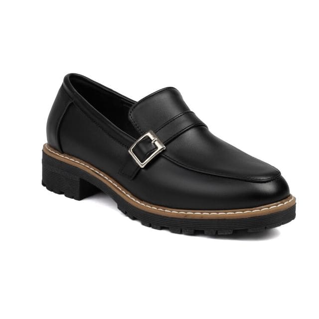 Platform Plain Buckled Faux Leather Shoes - Black / 32