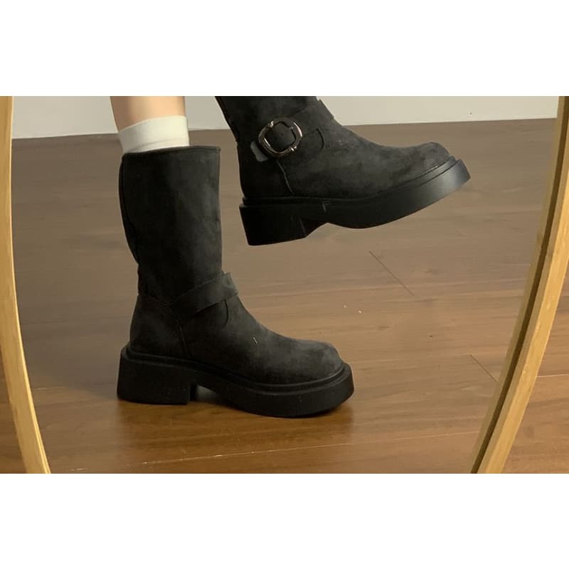 Platform Plain Buckled Faux Suede Mid-Calf Boots