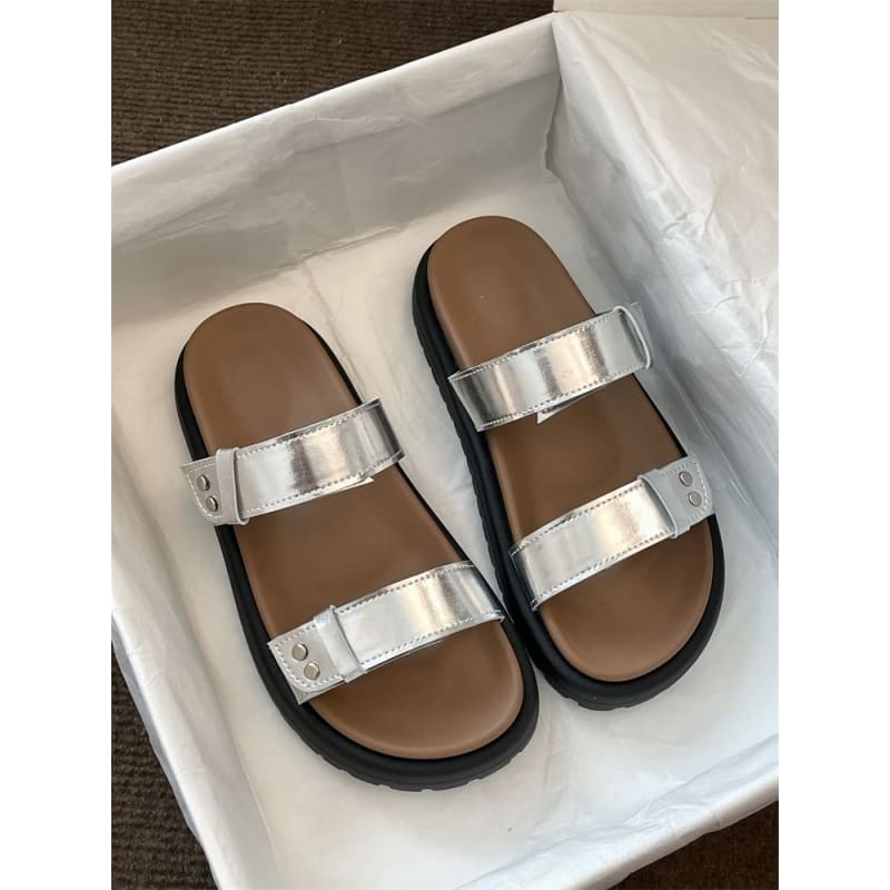 Platform Plain Faux Leather Slide Sandals