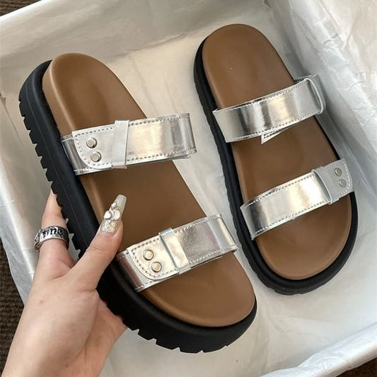 Platform Plain Faux Leather Slide Sandals