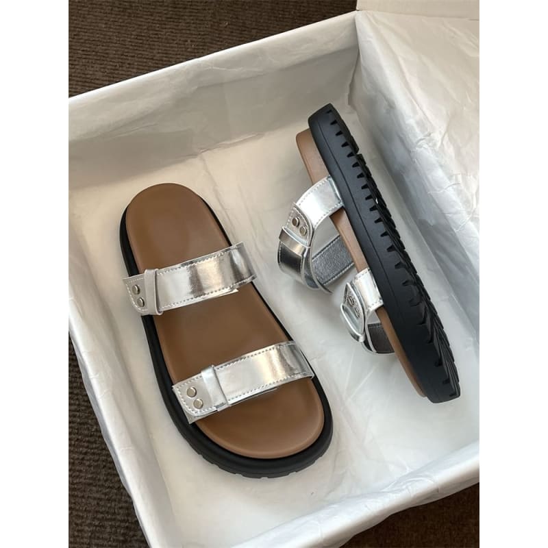 Platform Plain Faux Leather Slide Sandals