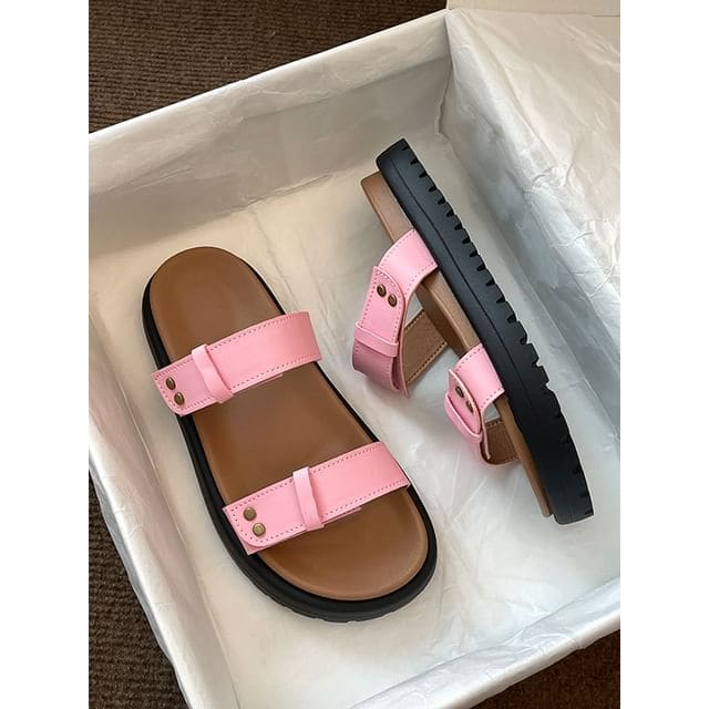 Platform Plain Faux Leather Slide Sandals - Pink / 35