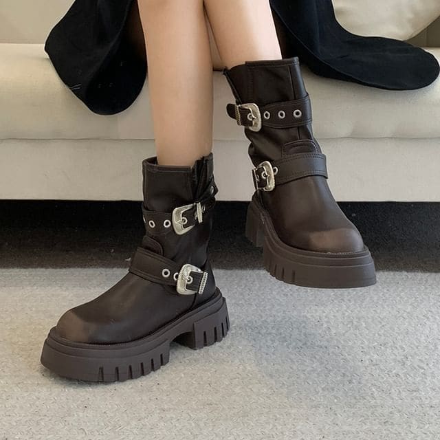 Platform Plain Grommet Buckled Faux Leather Short Boots