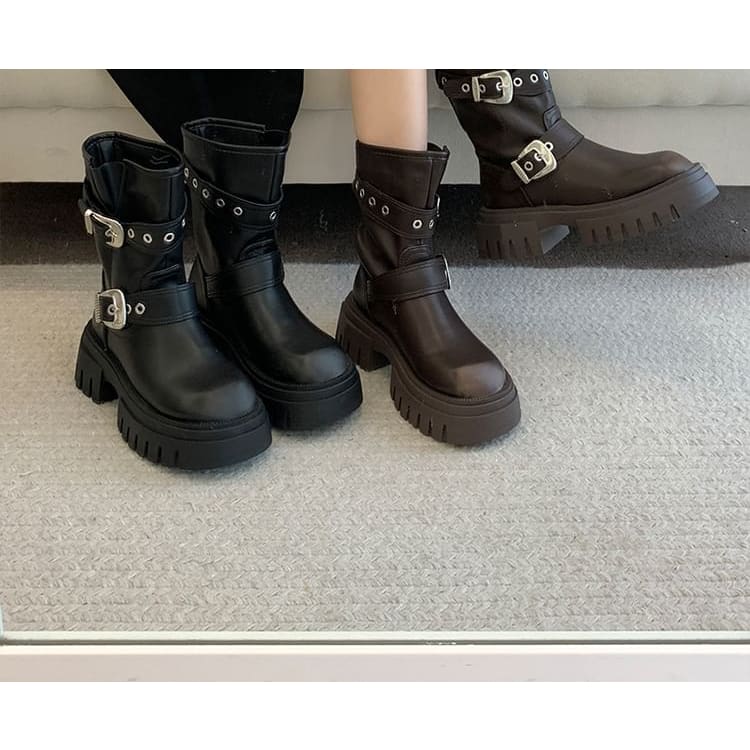 Platform Plain Grommet Buckled Faux Leather Short Boots