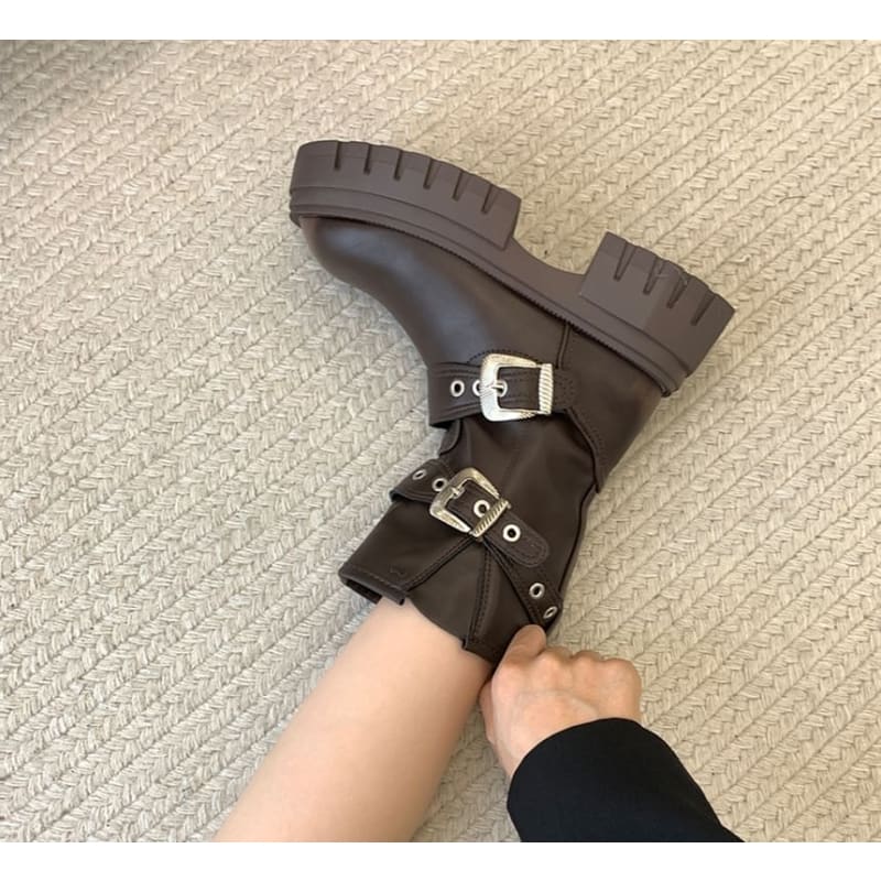 Platform Plain Grommet Buckled Faux Leather Short Boots