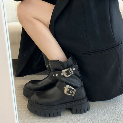 Platform Plain Grommet Buckled Faux Leather Short Boots