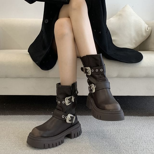 Platform Plain Grommet Buckled Faux Leather Short Boots