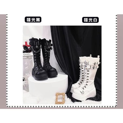 Platform Plain Lace Up Mid Calf Boots