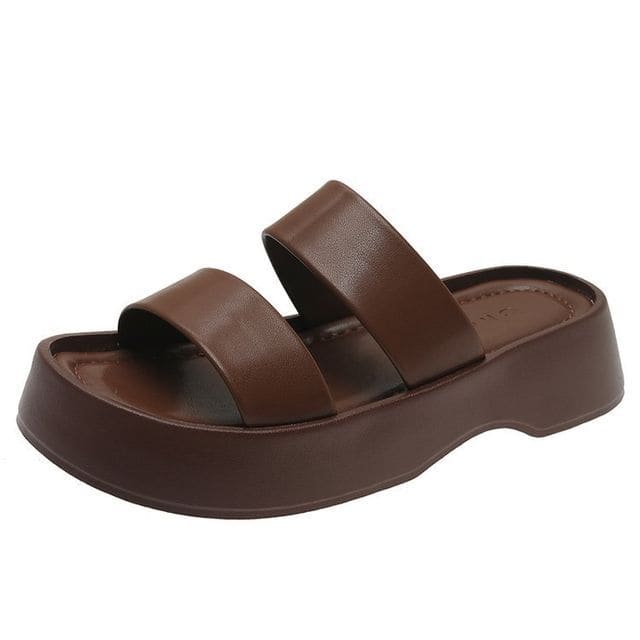 Platform Plain Slide Sandals - Brown / 35