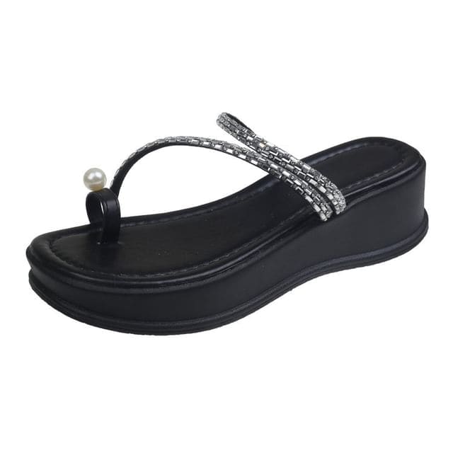 Platform Rhinestone Strap Faux Pearl Accent Toe Loop