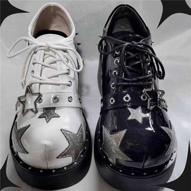 Platform Star Applique Buckled Lace Up Shoes