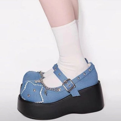 Platform Star Applique Chain Mary Jane Pumps - Denim Blue