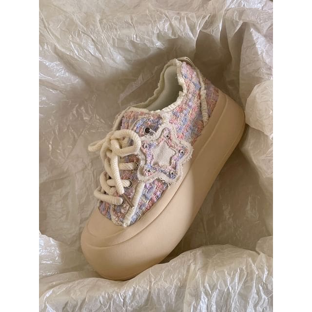 Platform Star Applique Tweed Sneakers - Almond & Blue &