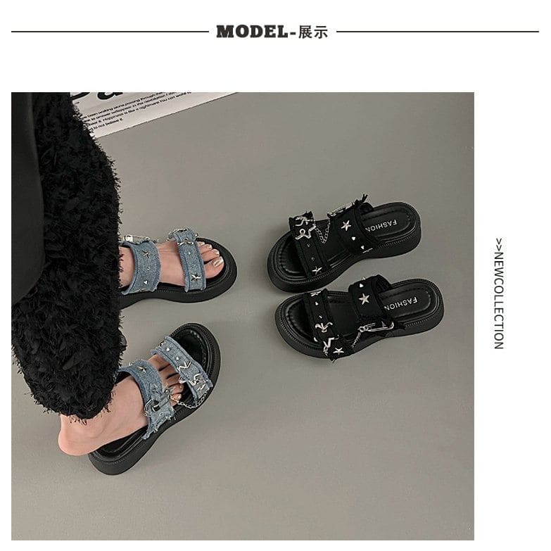 Platform Star Buckled Denim Slide Sandals