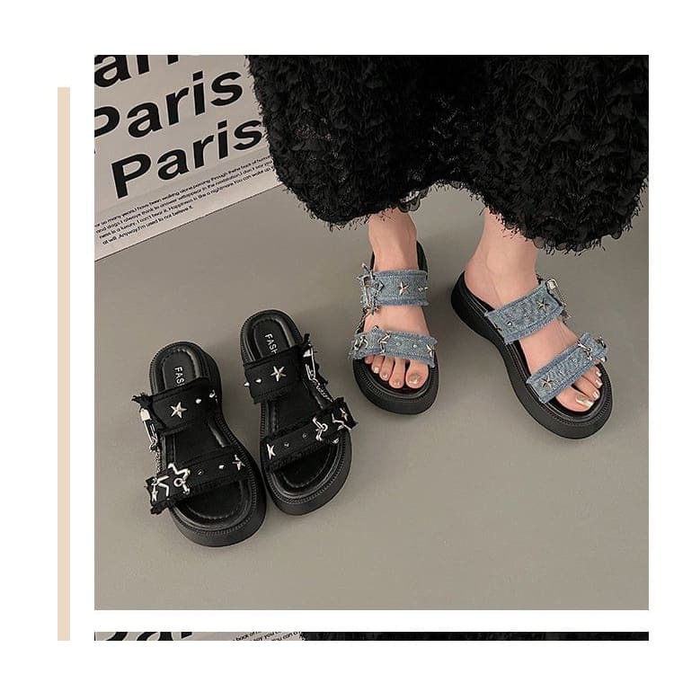 Platform Star Buckled Denim Slide Sandals