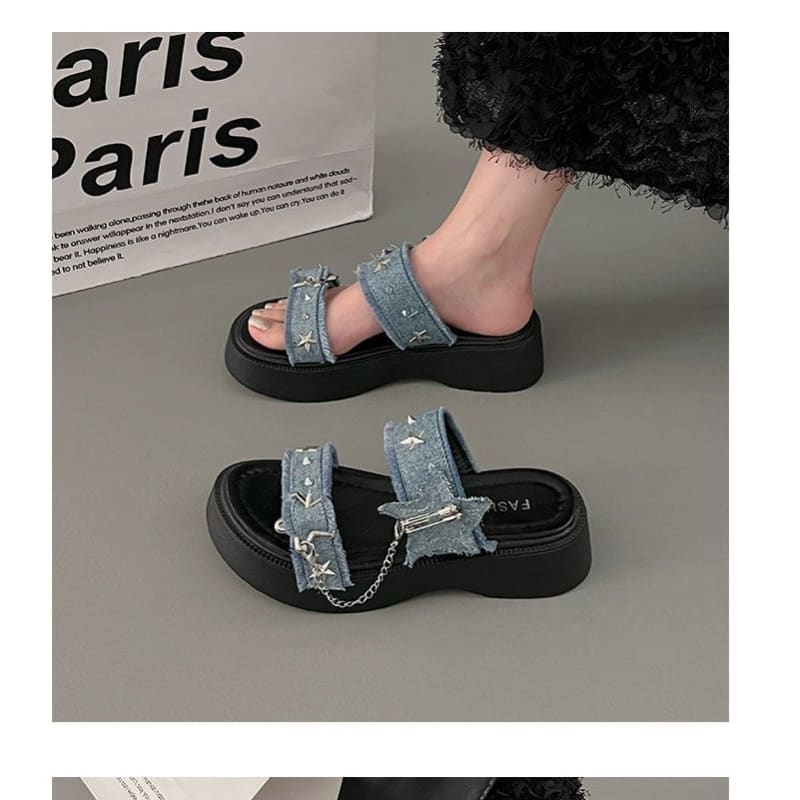 Platform Star Buckled Denim Slide Sandals