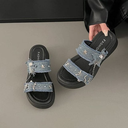 Platform Star Buckled Denim Slide Sandals