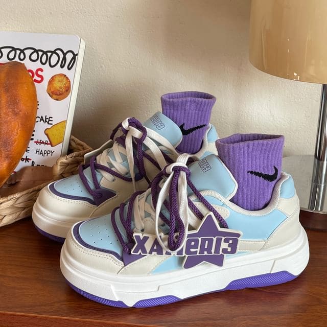 Platform Star Panel Sneakers - Blue & Purple / 35