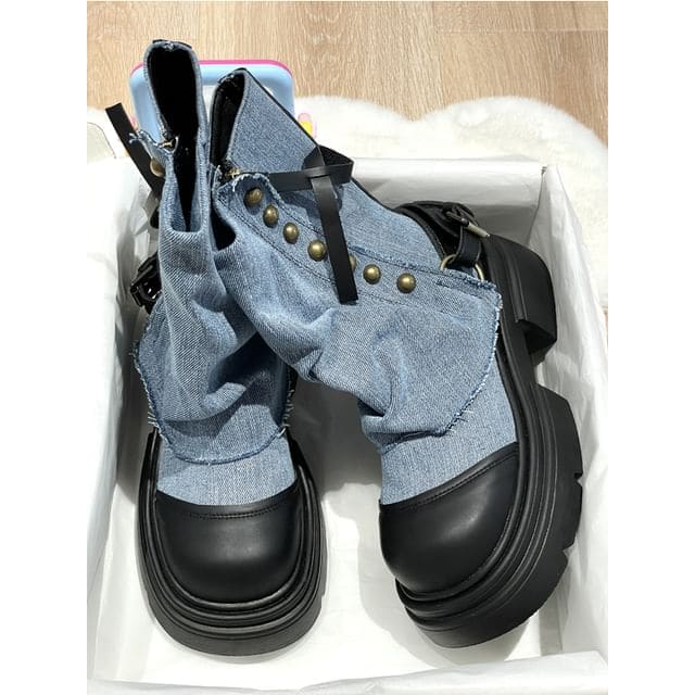 Platform Washed Denim Panel Short Boots