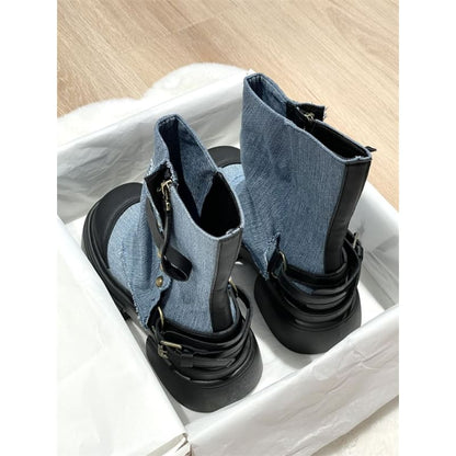 Platform Washed Denim Panel Short Boots