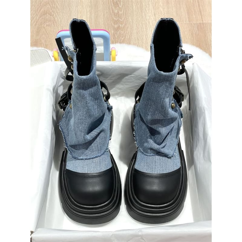 Platform Washed Denim Panel Short Boots