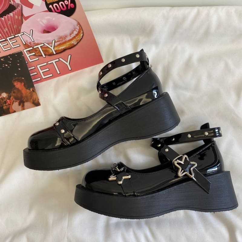 Platform Wedge Star Buckle Cross Strap Mary Jane Shoes