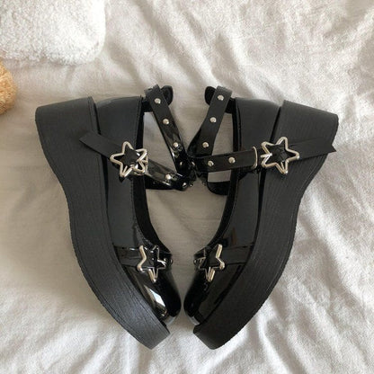 Platform Wedge Star Buckle Mary Jane Shoes