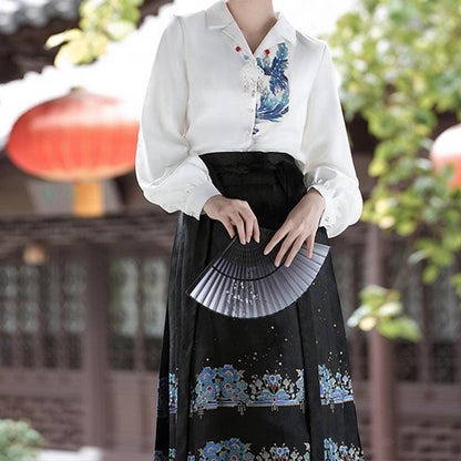 Plumage Embroidery Shirt High Waist Flower Print Skirt