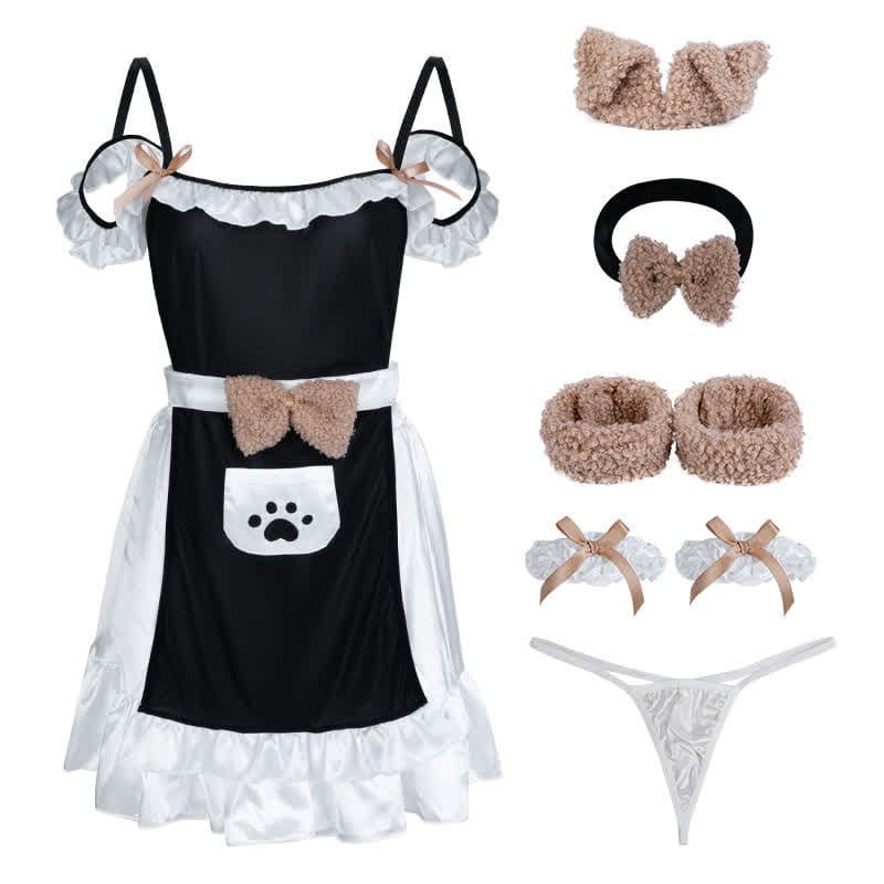 Plush Bow Knot Kitty Claw Pocket Maid Dress Lingerie Set