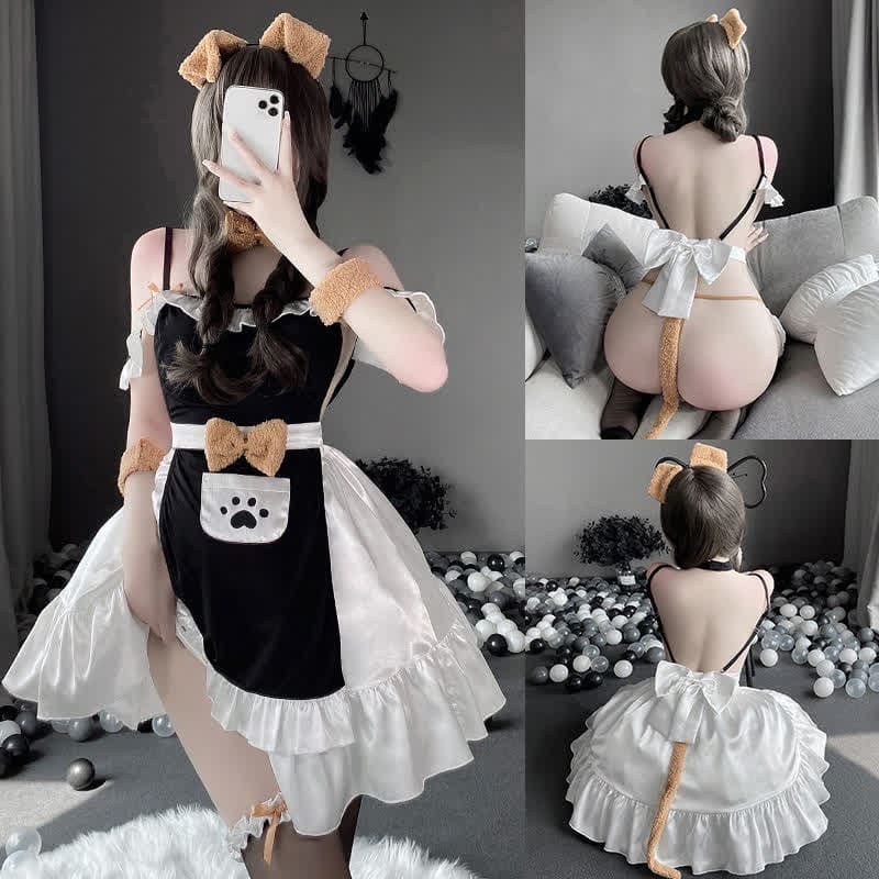 Plush Bow Knot Kitty Claw Pocket Maid Dress Lingerie Set