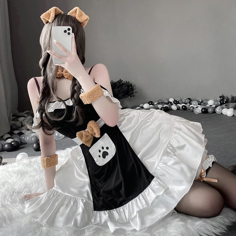 Plush Bow Knot Kitty Claw Pocket Maid Dress Lingerie Set