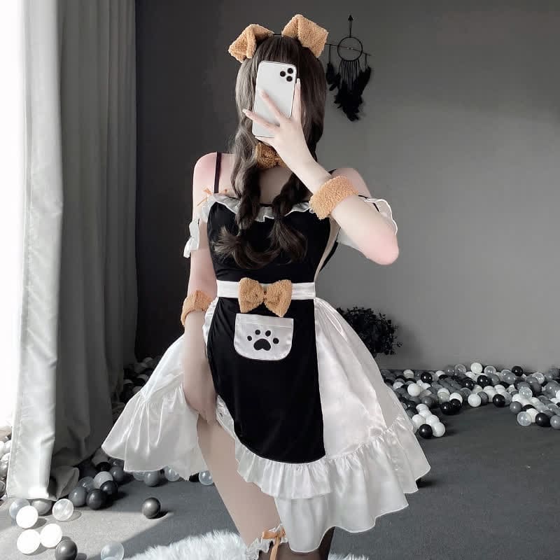 Plush Bow Knot Kitty Claw Pocket Maid Dress Lingerie Set