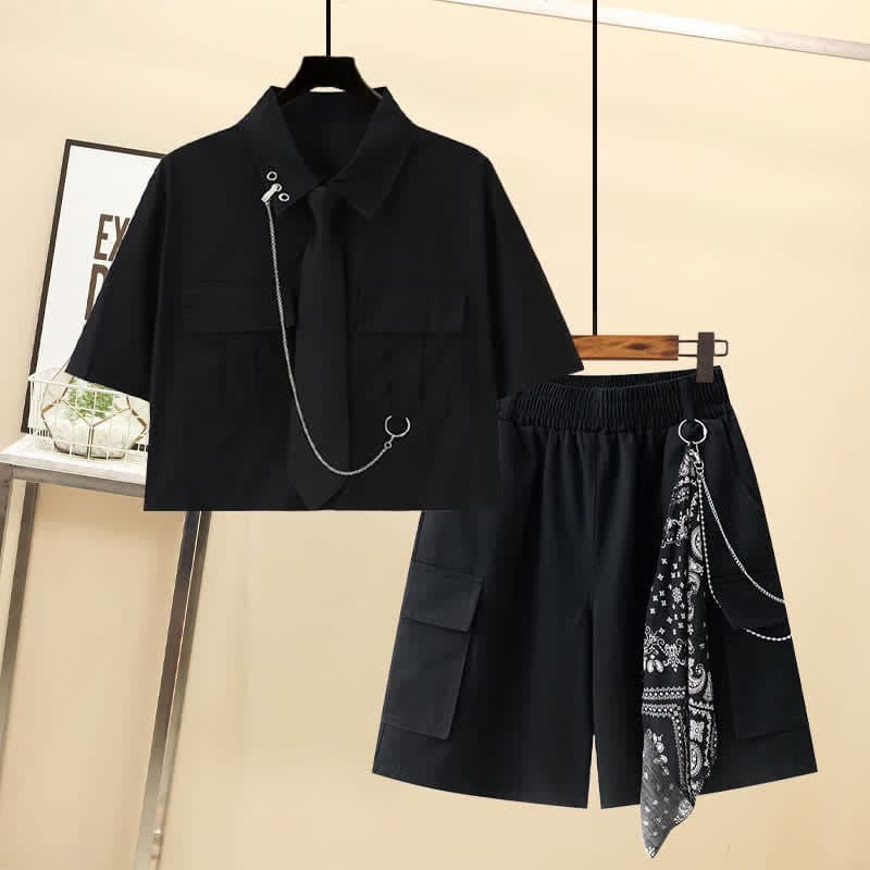 Pocket Lapel Tie T-Shirt Chain Cargo Shorts - Black Set / M