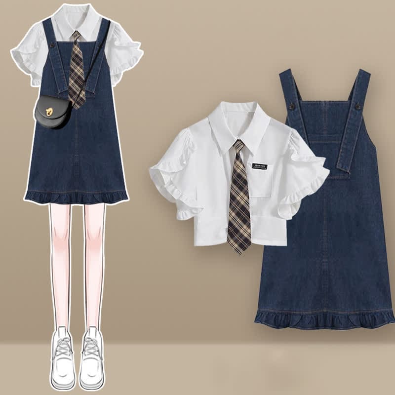 Pocket Lapel Tie T-Shirt Denim Overall Dress Set - Set A / M