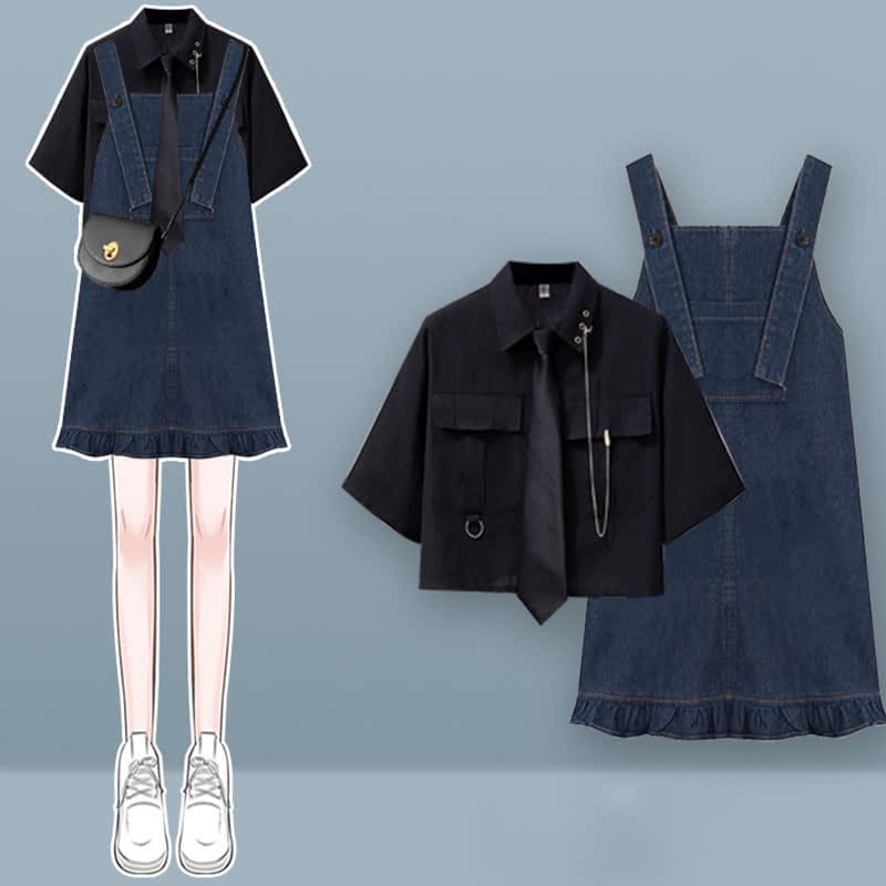 Pocket Lapel Tie T-Shirt Denim Overall Dress Set - Set B / M