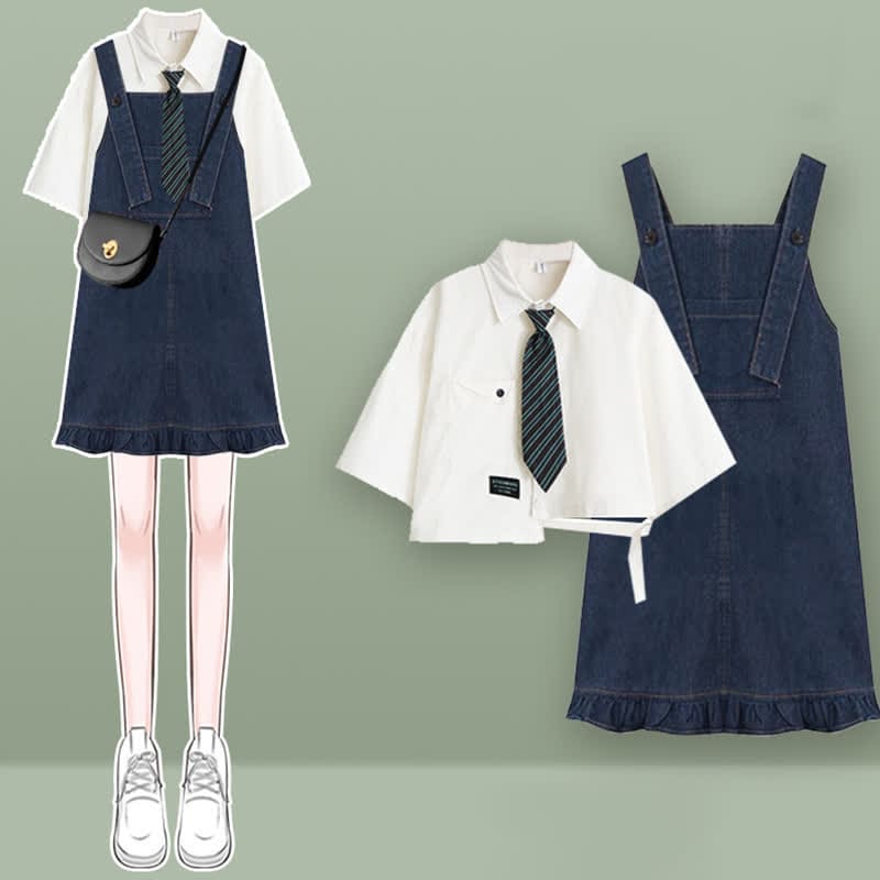 Pocket Lapel Tie T-Shirt Denim Overall Dress Set - Set C / M