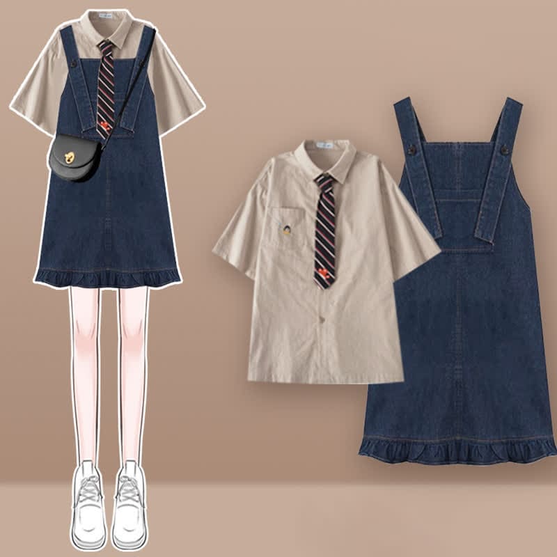 Pocket Lapel Tie T-Shirt Denim Overall Dress Set - Set D / M