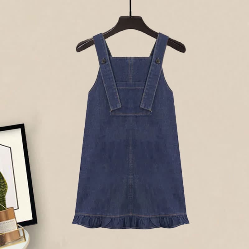 Pocket Lapel Tie T-Shirt Denim Overall Dress Set - Dress / M