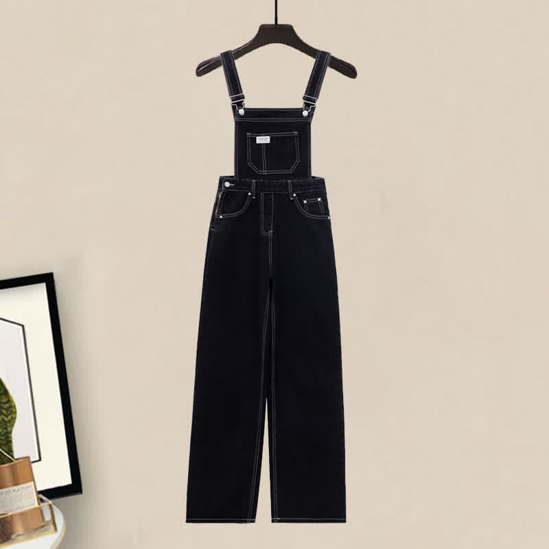 Pocket Lapel Tie T-Shirt Denim Overalls Set - Overalls / M