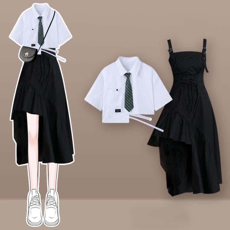 Pocket Lapel Tie T-Shirt Irregular Lace Up Slip Dress Set