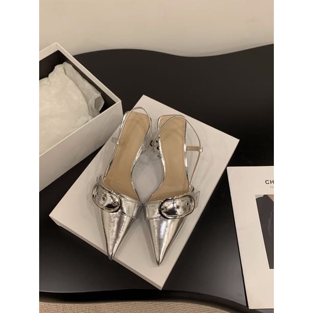 Pointed Buckled Slingback Kitten Heel Sandals - RSE70-15