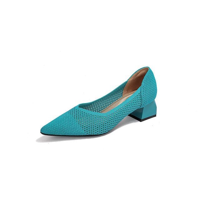 Pointed Cap Toe Chunky Heel Pumps - Plain - Aqua Blue / 34