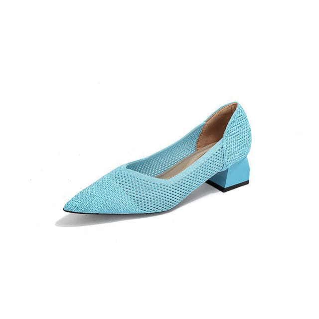 Pointed Cap Toe Chunky Heel Pumps - Plain - Sky Blue / 34